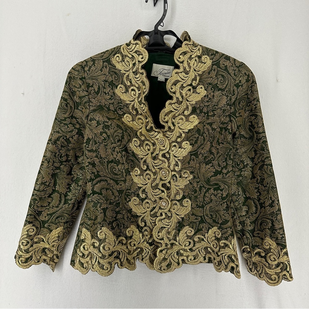 Farinae Vintage Blazer Jacket Embroidered Snap‎ Closure Woman’s 8 Green Gold